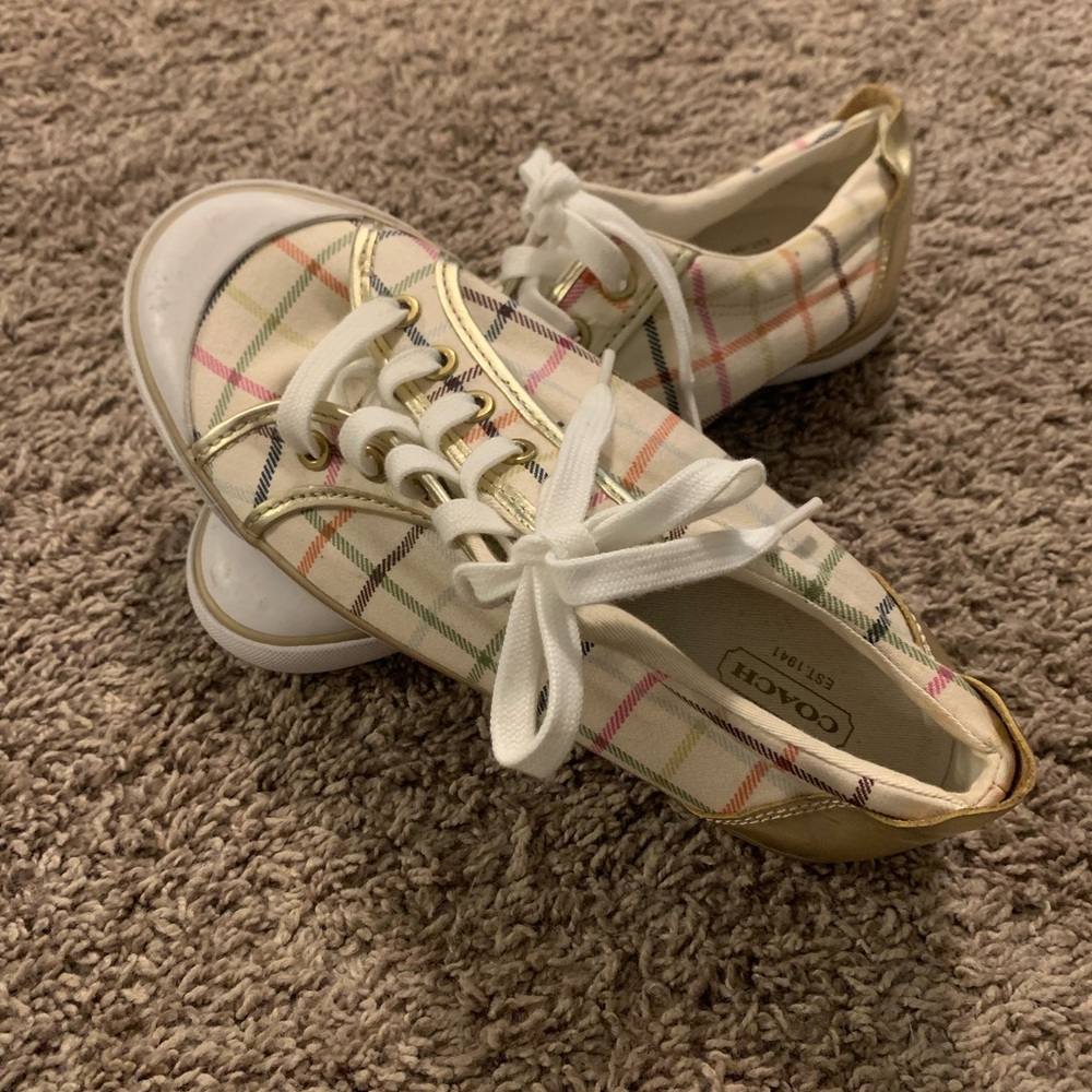 Coach. Barrett Tattersall sneakers. Cream background with multi colored plaid.